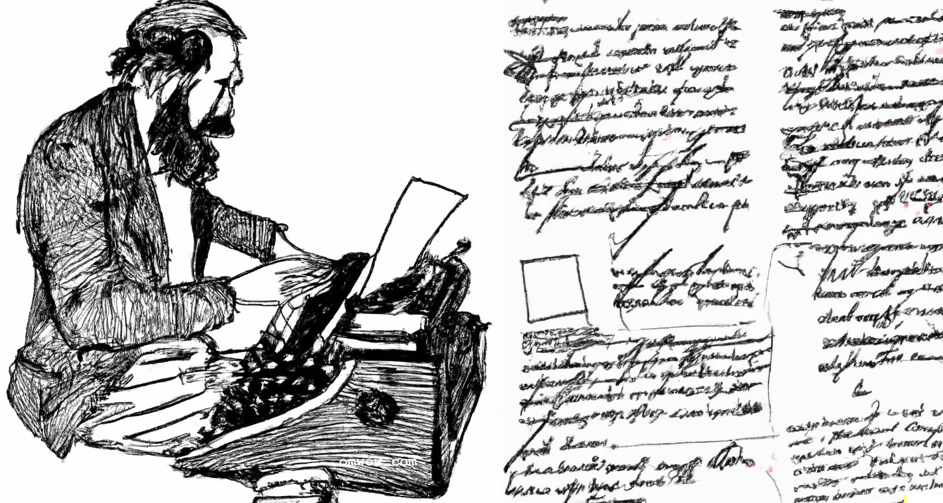 sketch of a writer typing a manuscript, and handwritten annotations