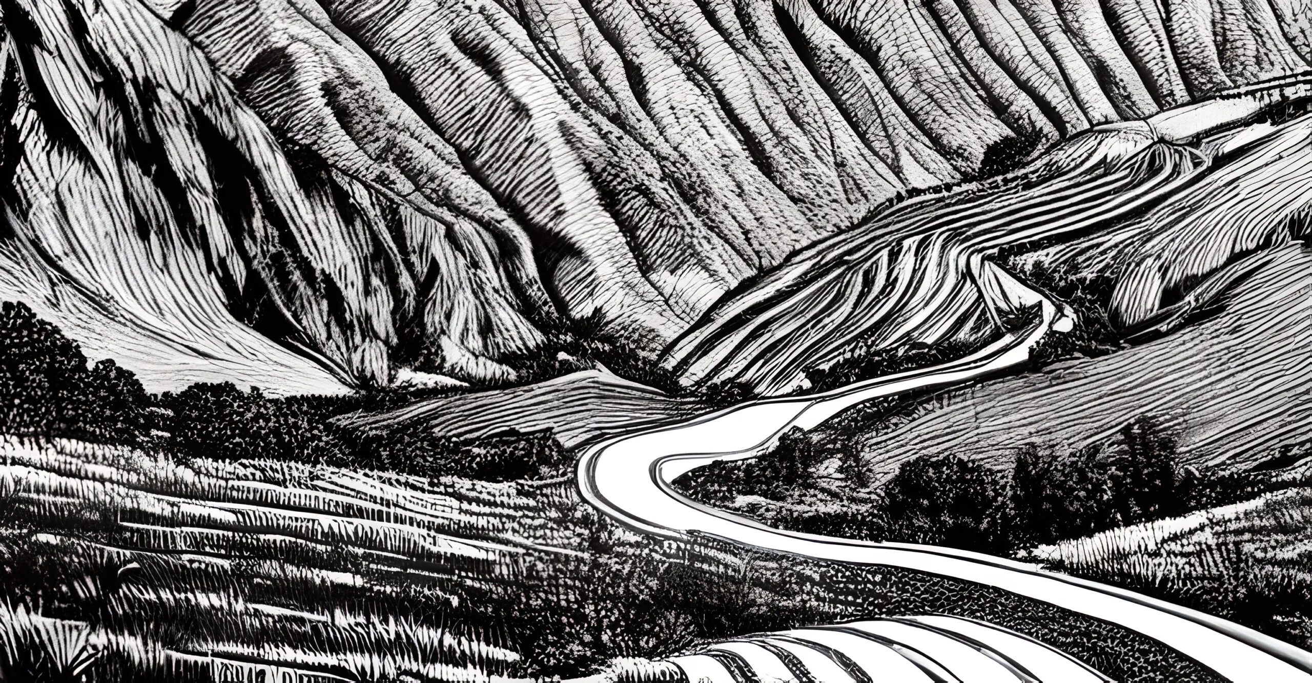 Woodcut of a long winding road through the mountains symbolizing a healing journey