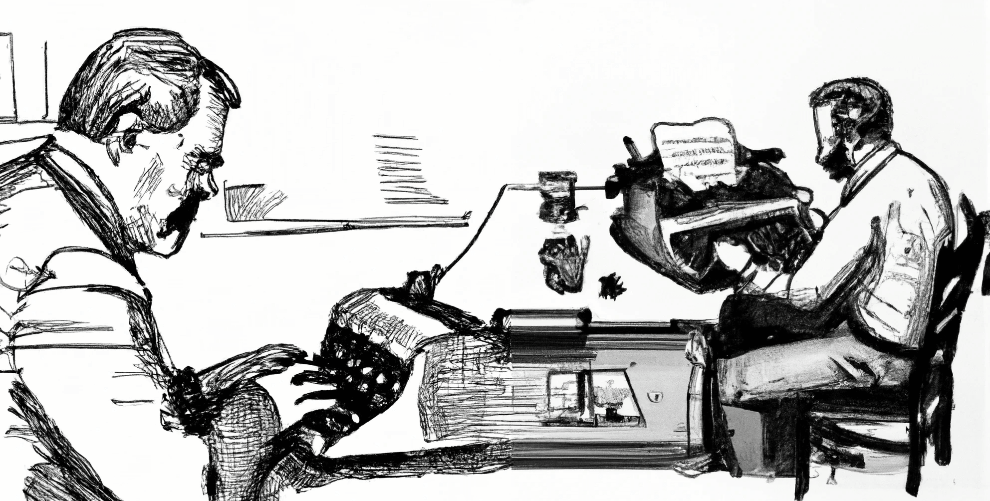handrawn sketch of men typing on typewriters