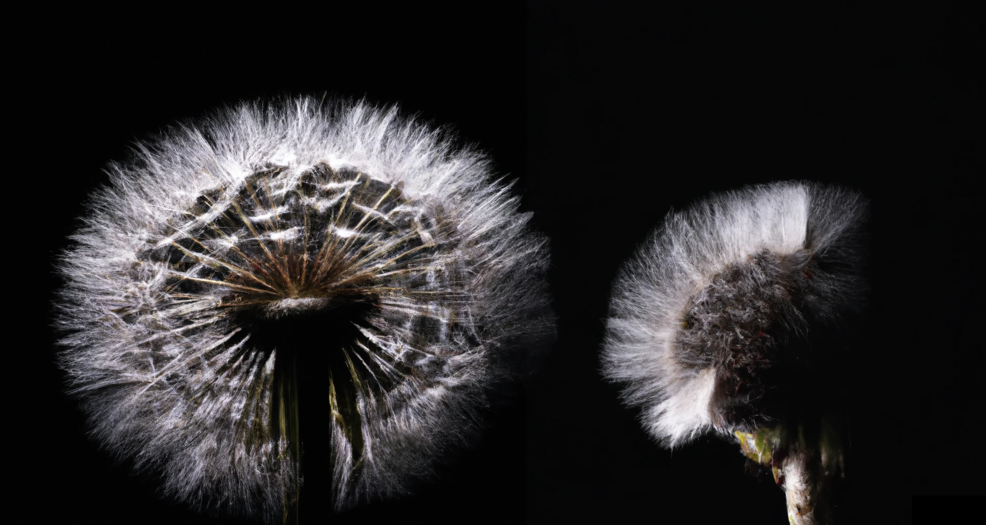 photorealistic image of 2 dandelions with dramatic lighting, black background, representing resentment