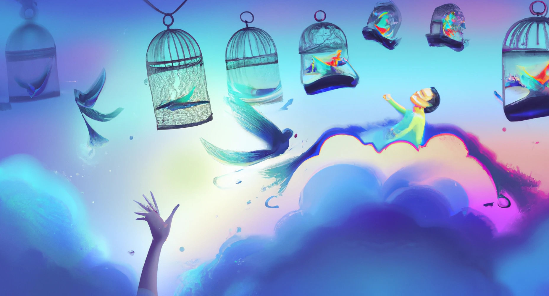 colorful drawing of setting birds free from a cage and letting them fly into the sky, representing letting go of things that don't belong into your life