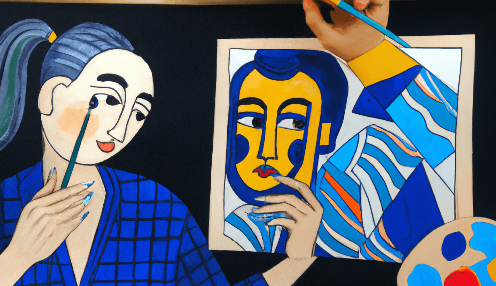 painting of a creative woman holding a brush in front of a painting