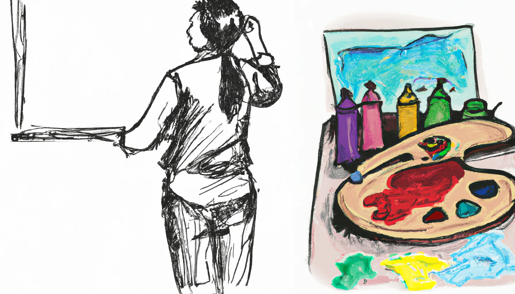 handdrawn sketch of an artist in front of a blank canvas with a color palette next to it