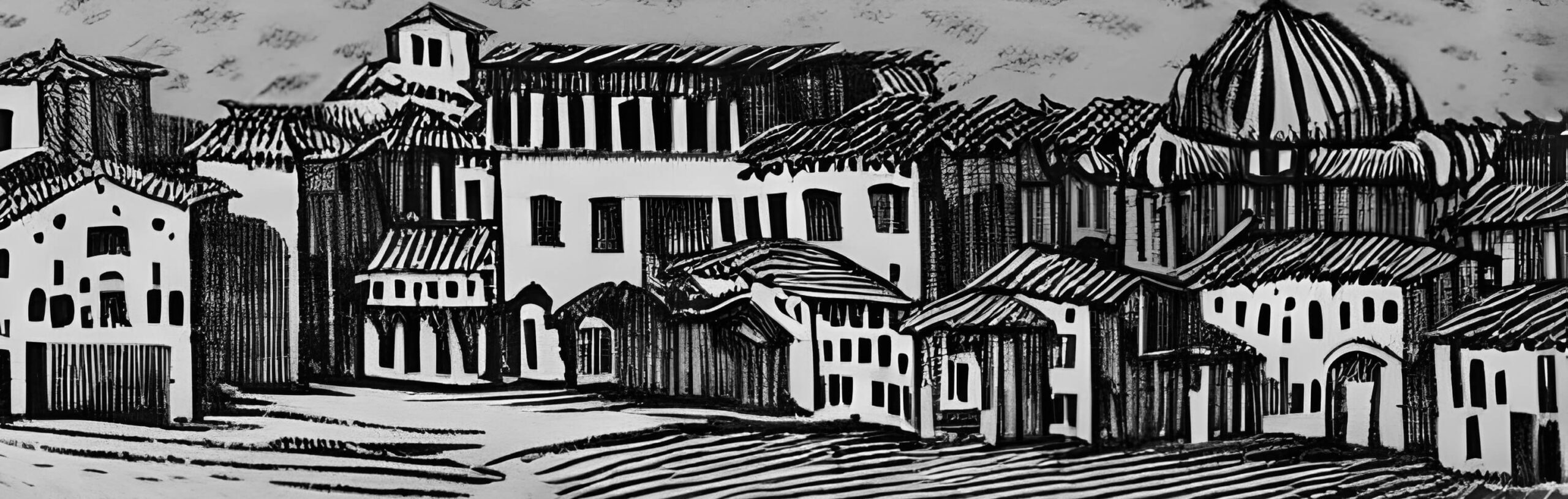 italian village, black and white painting
