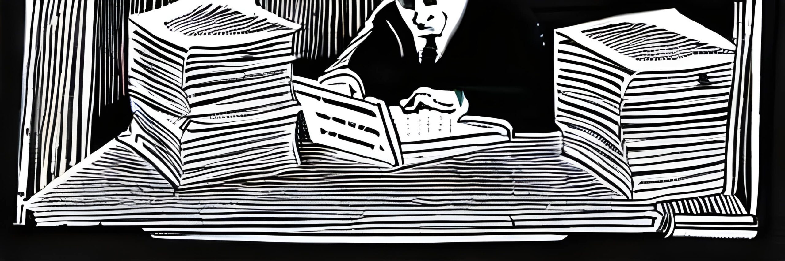 Black and white painting of a writer sitting at desk typing
