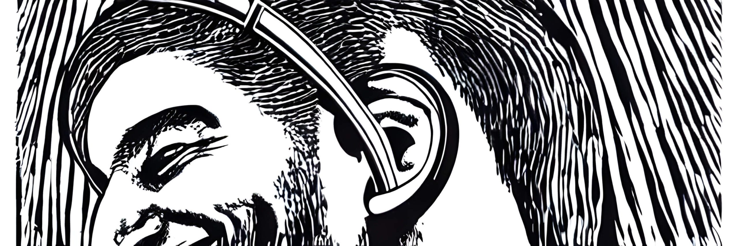 black and white painting of a man wearing headphones listening to podcasts on creativity