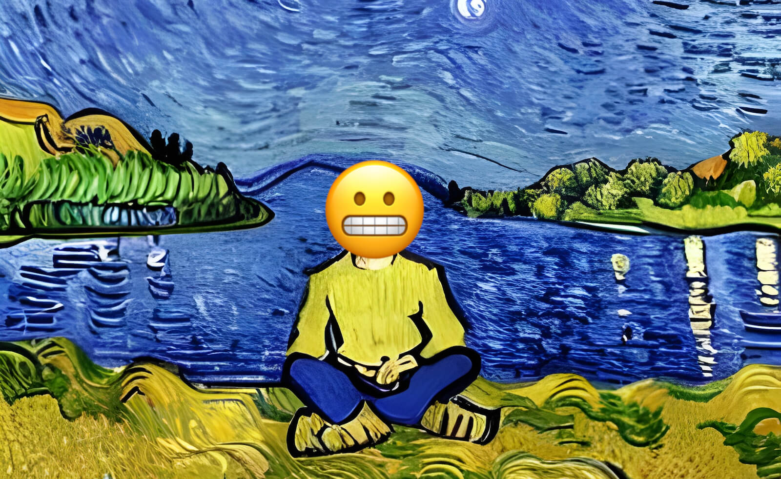 oil painting of a man sitting cross-legged in front of a lake with emoji head